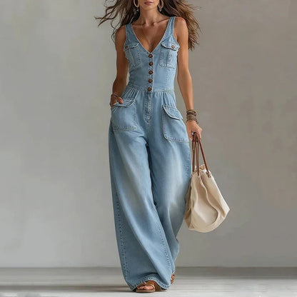 Leonor - Mono denim sin mangas con escote de pico