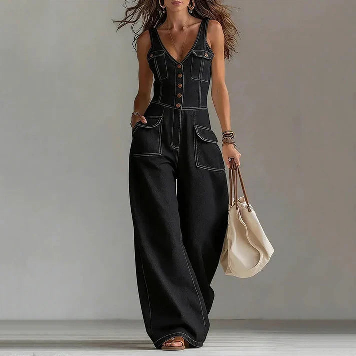 Leonor - Mono denim sin mangas con escote de pico