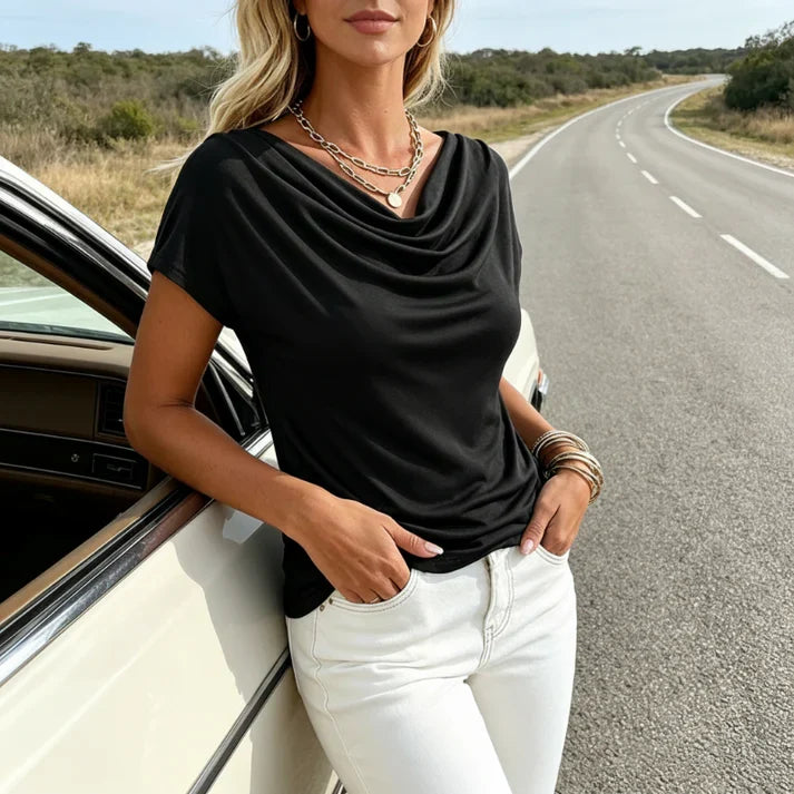 Leire - Blusa con cuello drapeado y mangas casquillo