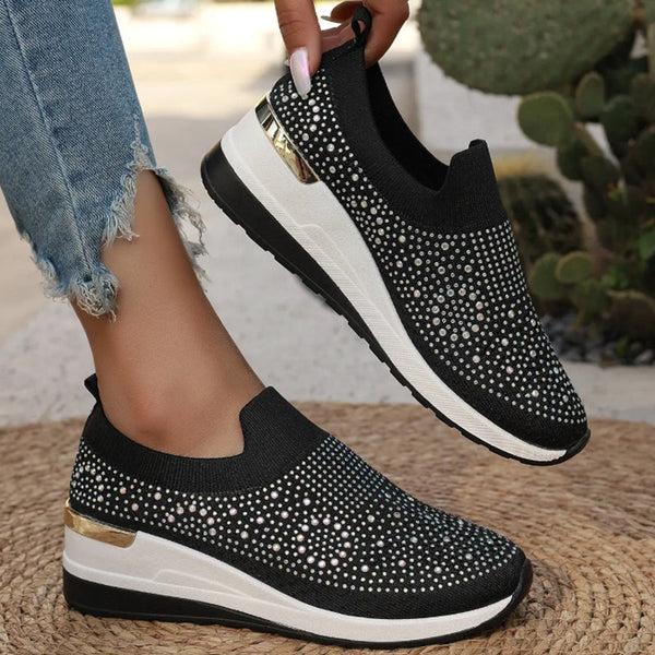 Adriana - Zapatillas de malla con cristales brillantes y cuña ergonómica
