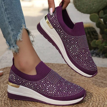 Adriana - Zapatillas de malla con cristales brillantes y cuña ergonómica