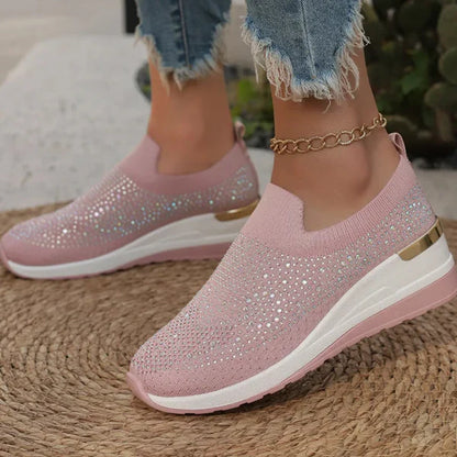 Adriana - Zapatillas de malla con cristales brillantes y cuña ergonómica
