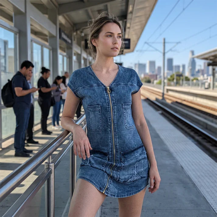 Nora - Vestido de estilo diario de manga corta con cremallera
