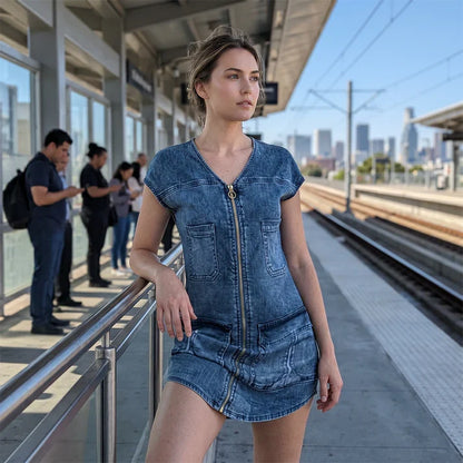 Nora - Vestido de estilo diario de manga corta con cremallera