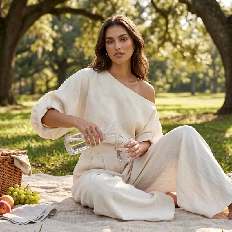 Lía - Conjunto de top de escote palabra de honor y pantalón de pernera amplia