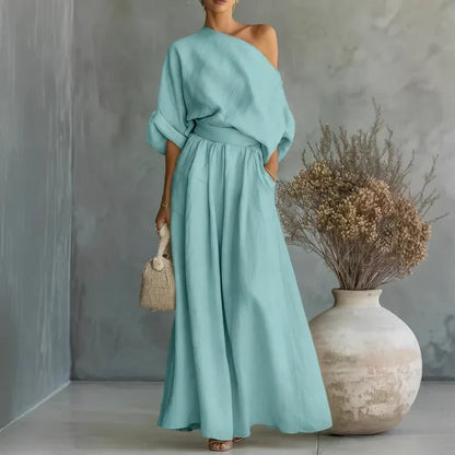 Lía - Conjunto de top de escote palabra de honor y pantalón de pernera amplia