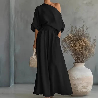 Lía - Conjunto de top de escote palabra de honor y pantalón de pernera amplia