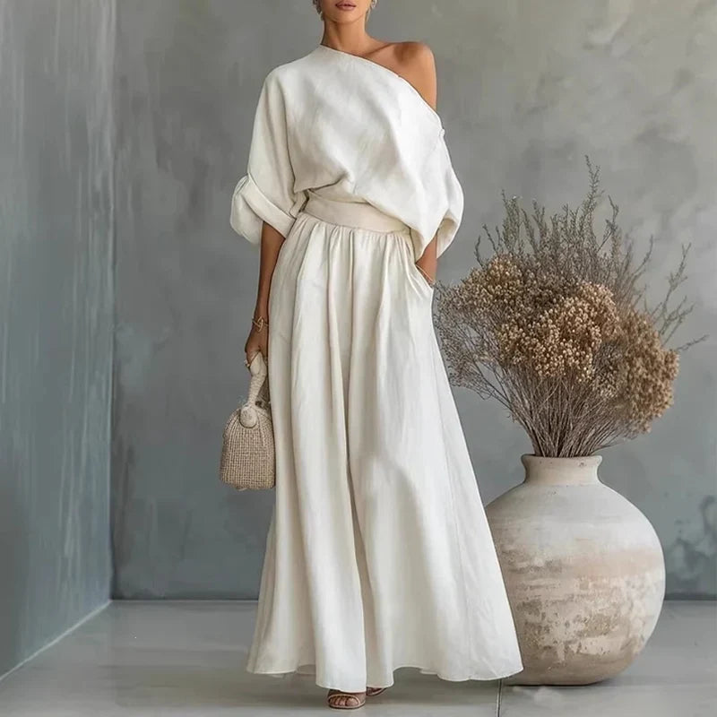 Lía - Conjunto de top de escote palabra de honor y pantalón de pernera amplia