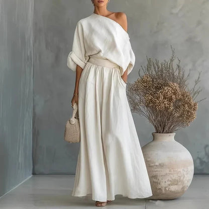 Lía - Conjunto de top de escote palabra de honor y pantalón de pernera amplia