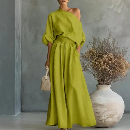 Lía - Conjunto de top de escote palabra de honor y pantalón de pernera amplia