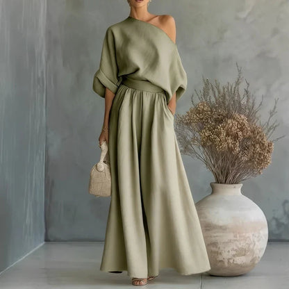 Lía - Conjunto de top de escote palabra de honor y pantalón de pernera amplia