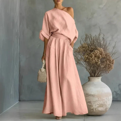 Lía - Conjunto de top de escote palabra de honor y pantalón de pernera amplia
