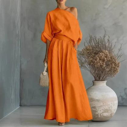 Lía - Conjunto de top de escote palabra de honor y pantalón de pernera amplia