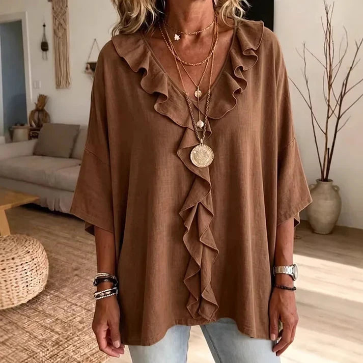 Tania - Blusa de estilo diario con escote de pico y volantes