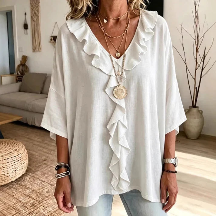 Tania - Blusa de estilo diario con escote de pico y volantes