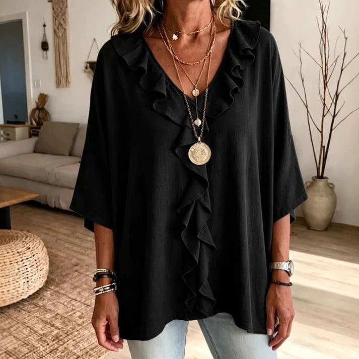 Tania - Blusa de estilo diario con escote de pico y volantes